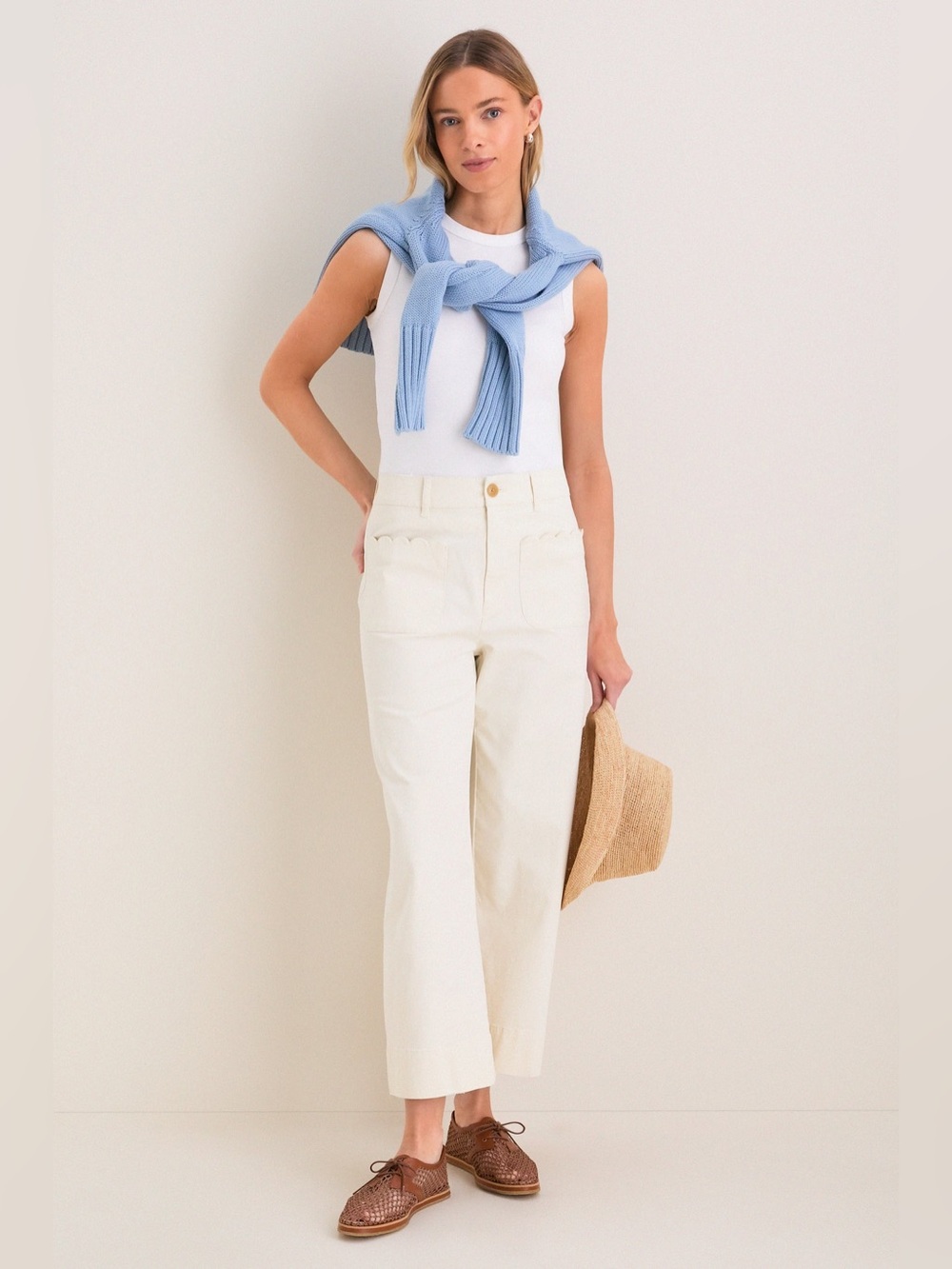 Tuckernuck NWOT White Chino Crop Wide Leg Cotton Scalloped Pocket Pants- Size 10 - Picture 2 of 9